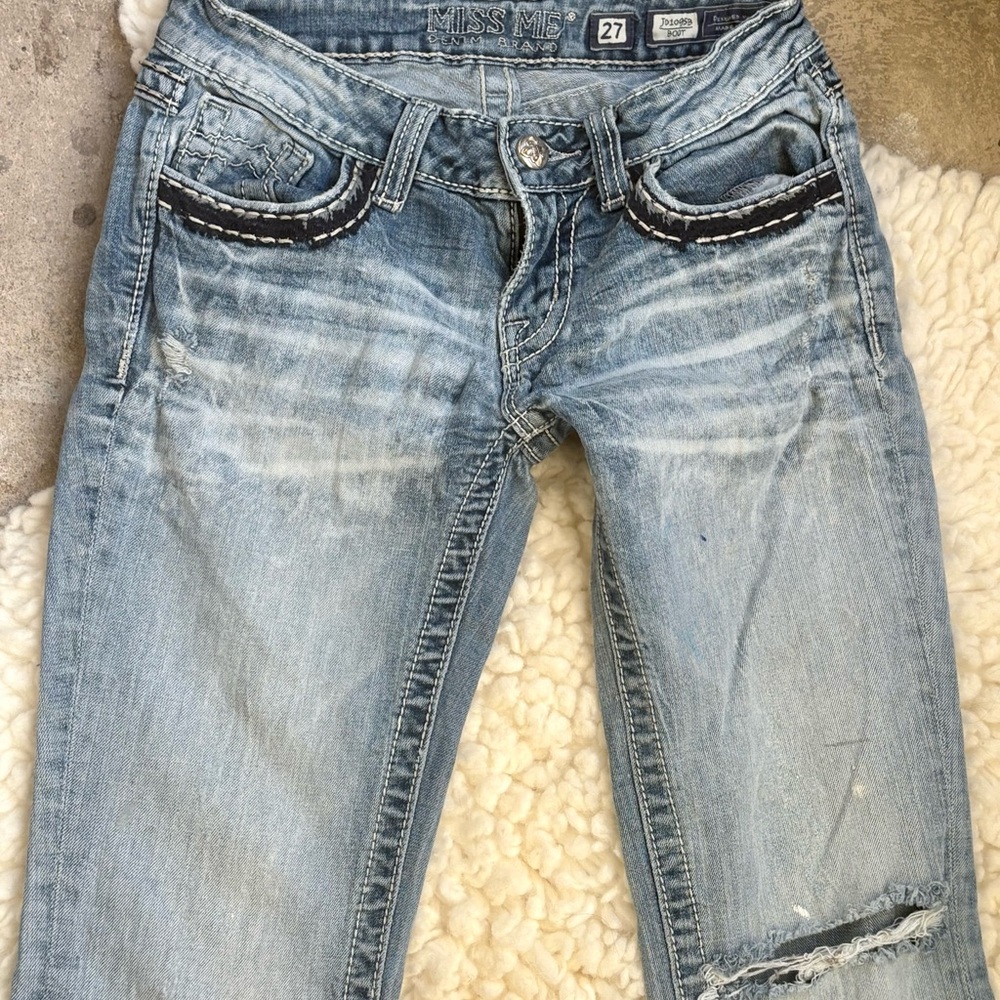 Women's Miss Me Distressed Boot Cut Jeans in Light Blue